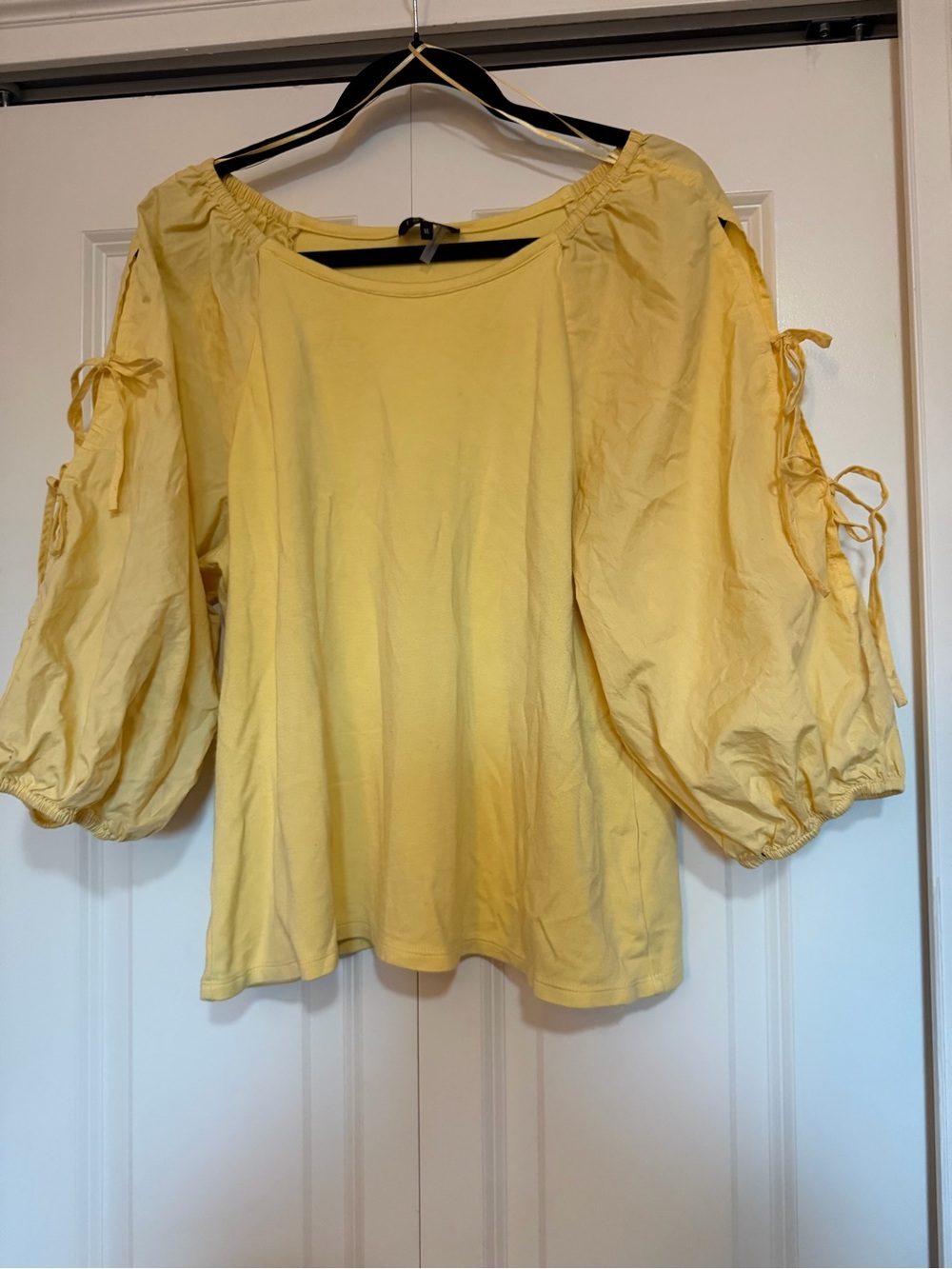 1. State Yellow Puff-Sleeve Tie Blouse